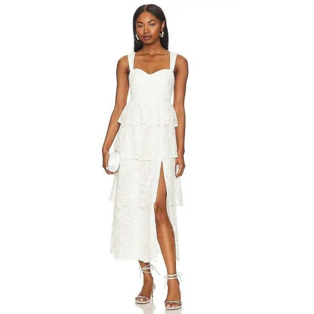 Yumi Kim White Floral Lace Tiered Gabi Midi Dress Sweetheart Slit Women Size L